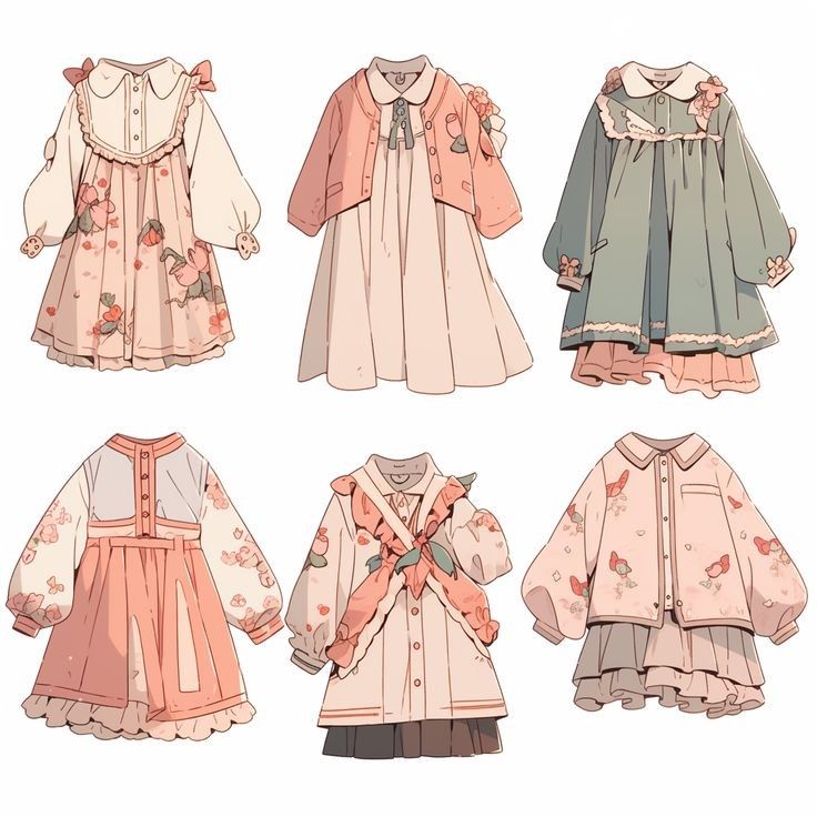 the image shows six different outfit designs. each outfit is designed in a cute and feminine aesthetic, featuring soft colors, floral patterns, and flowy silhouettes. the first outfit is a pink floral dress with a white collar and sleeves. the second outfit is a white dress with a pink cardigan. the third outfit is a green dress with a white collar and pink floral details. the fourth outfit is a pink dress with a white collar and sleeves. the fifth outfit is a white dress with a pink floral jacket. the sixth outfit is a pink floral jacket with a white shirt and skirt.