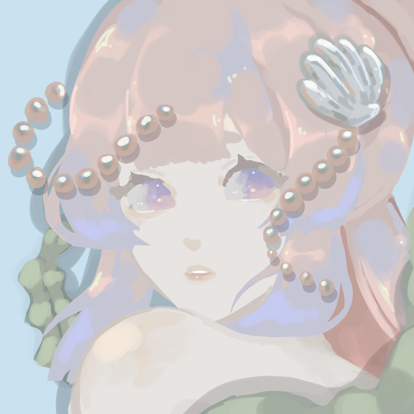 a dreamy, pastelcolored illustration of a young anime girl with pink hair. she has delicate features and large, purple eyes. she is adorned with a strand of pearls and a seashell on her head, giving her a sweet and elegant look. the background is soft and blurry, creating a sense of depth and mystery.