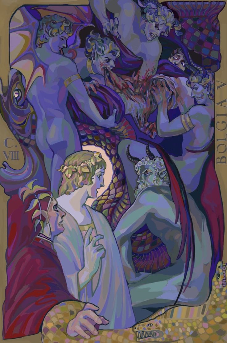 he image is a digital painting depicting a scene from dante's inferno, specifically the eighth circle of hell (bolgia). it features a chaotic and violent scene with numerous figures, mostly male, engaged in acts of aggression, devouring each other, and suffering. the style is a blend of art nouveau and symbolic art, using strong colors and flowing lines. the overall mood is dark, intense, and dramatic. there are demons and other monstrous figures present, suggesting themes of punishment, suffering, and malevolence. the color palette is predominantly dark blue, purple, and red, with hints of gold and other colors. two figures in the foreground appear to be observing the gruesome scene, possibly representing dante and virgil.  a large serpent is also present, adding to the symbolic nature of the imagery. the artwork is detailed and skillfully executed, with a clear narrative being conveyed through the arrangement of figures and their interactions. the overall effect is both visually striking and conceptually thoughtprovoking.
