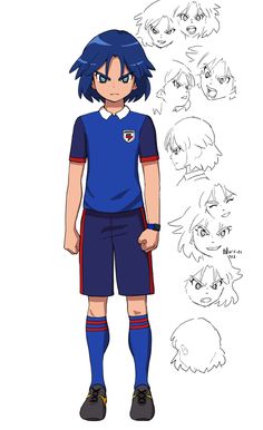 a character design sheet of a young athletic boy is on a white background. he has short spiky blue hair and an angry expression. he is wearing a blue soccer uniform with red and white accents.  there are multiple headshots of him with different expressions.