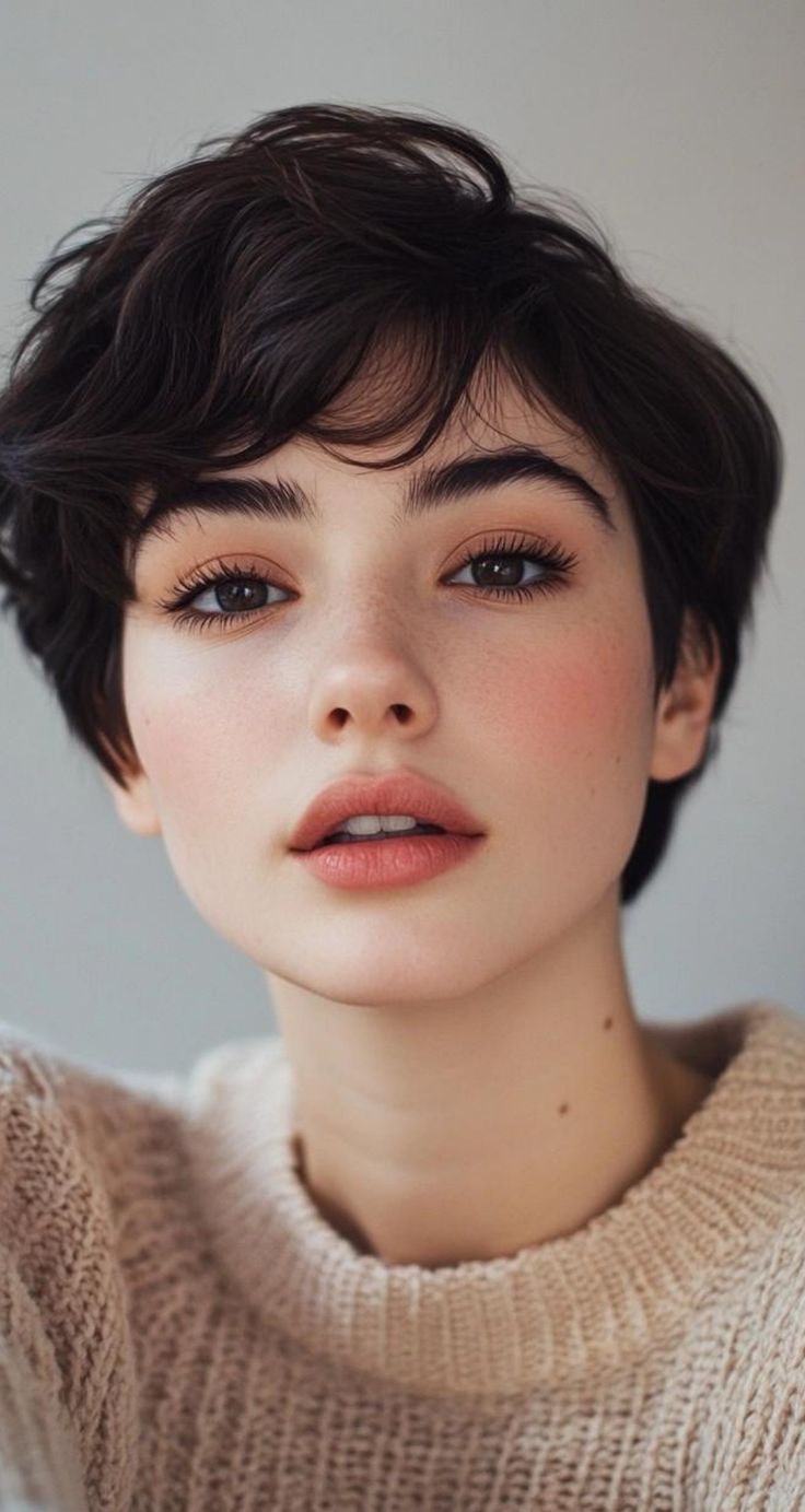 loseup portrait of a young woman with short, dark brown, slightly wavy hair styled in a pixie cut. she has fair skin with subtle freckles, rosy cheeks, and naturallooking makeup featuring peachtoned lipstick and subtle eyeshadow. her expression is soft and gentle. she is wearing a light beige knit sweater. the background is a plain light gray.  the overall aesthetic is soft, natural, and pretty.