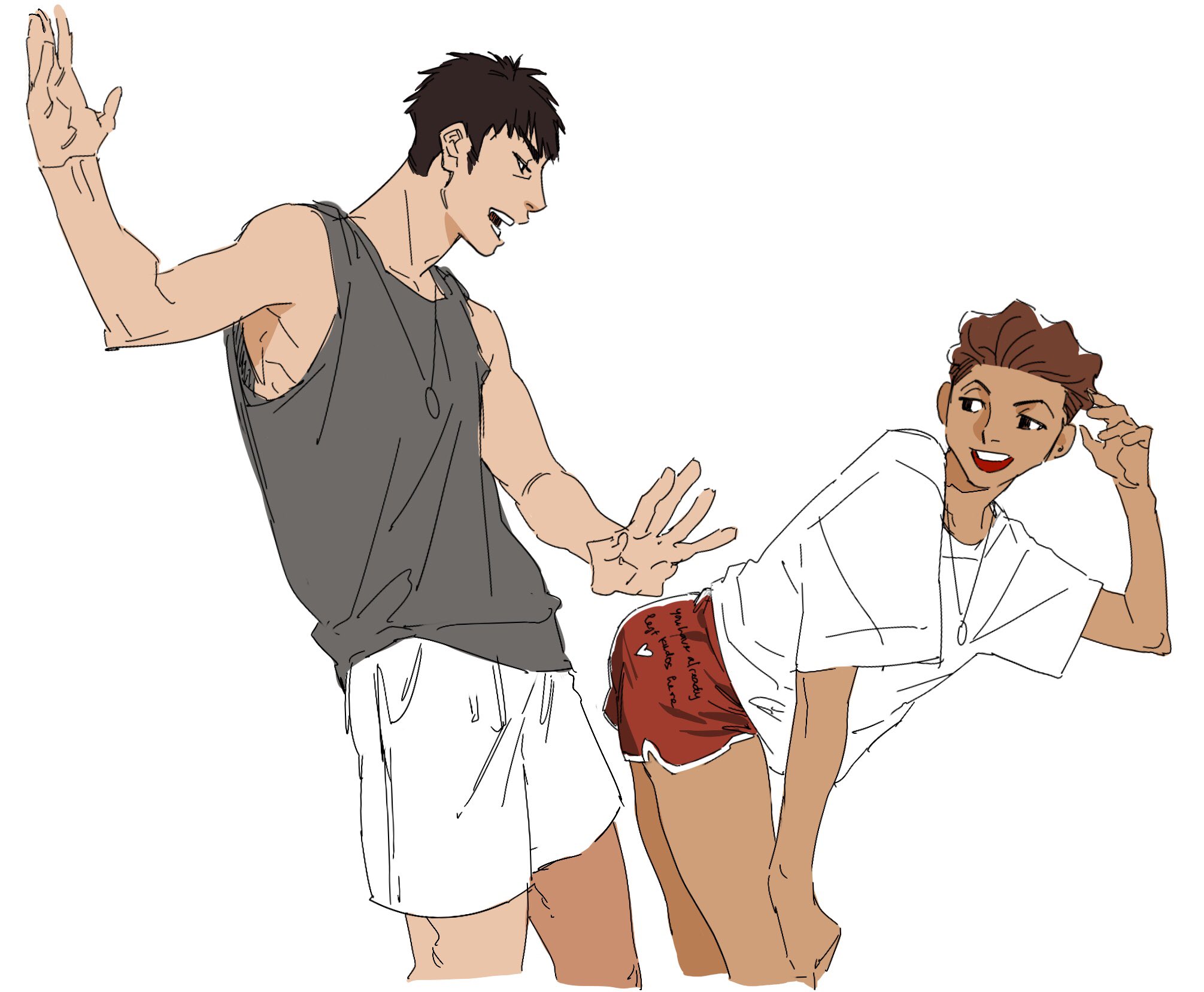 the image shows two men in a playful pose. the man on the left has his right hand extended towards the other man's backside. the man on the right is laughing and his hand is on his head. the men are both wearing casual clothes: shorts, shirts, and sneakers. the background is white. the style of the image is cartoonish and animelike.