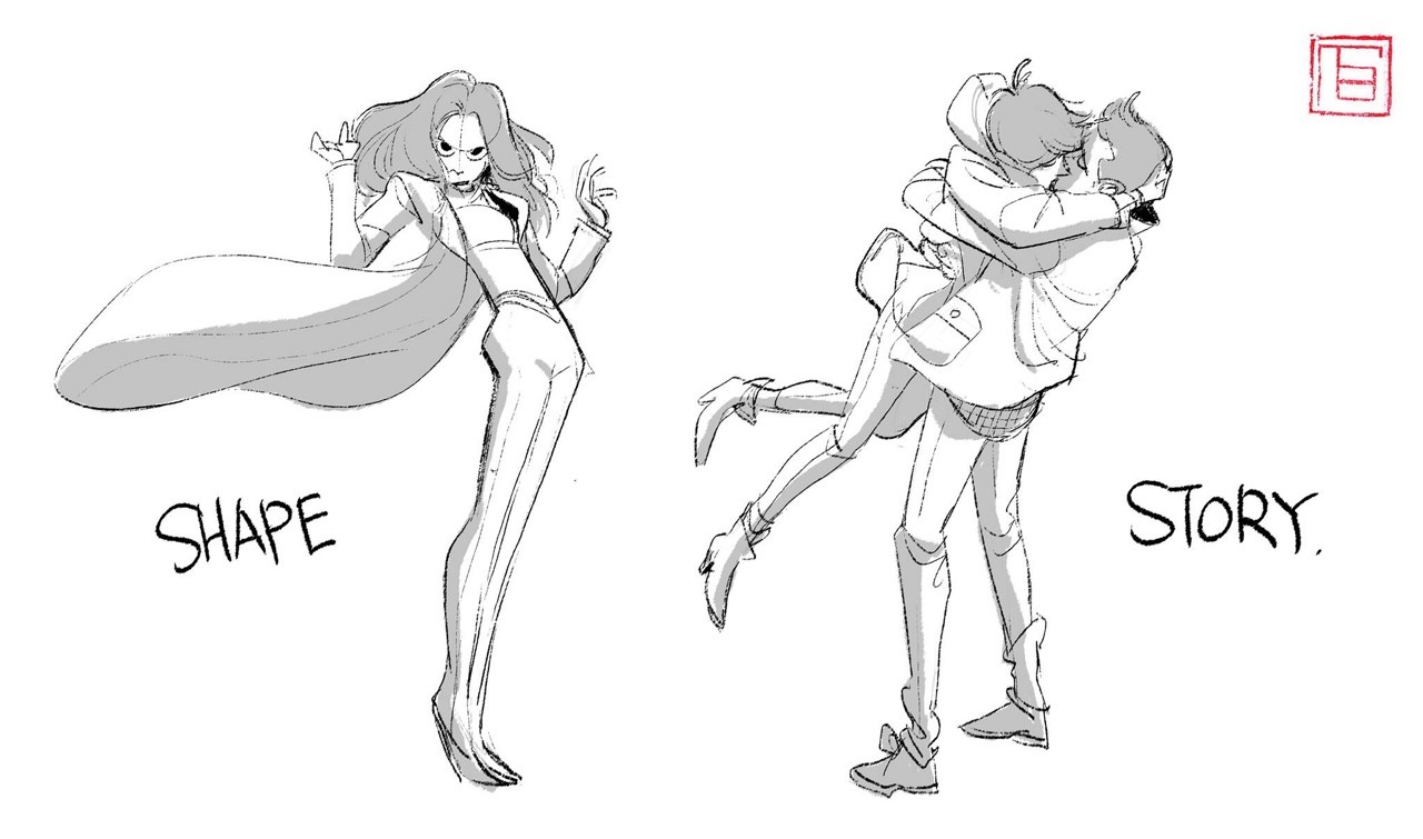 the image presents two distinct character sketches, labeled "shape" and "story".  the "shape" sketch depicts a stylized female figure in a long coat, showcasing a dynamic, almost exaggerated pose emphasizing the flow of the fabric and the character's strong silhouette.  the "story" sketch shows a couple embracing, focusing on the narrative implication of the close and intimate interaction.  both sketches use loose, expressive lines typical of quick character design or storyboard work. the overall style is simplistic and slightly cartoonish, with a focus on communicating movement and emotion through body language.  the image also includes a small, seemingly arbitrary red square in the upper right corner.