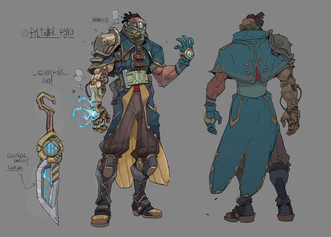a digital illustration of a character design for "piltover pyke" from the game league of legends. the character has a steampunk arm with electrical energy courses, dreadlocks, blue and brown clothing.