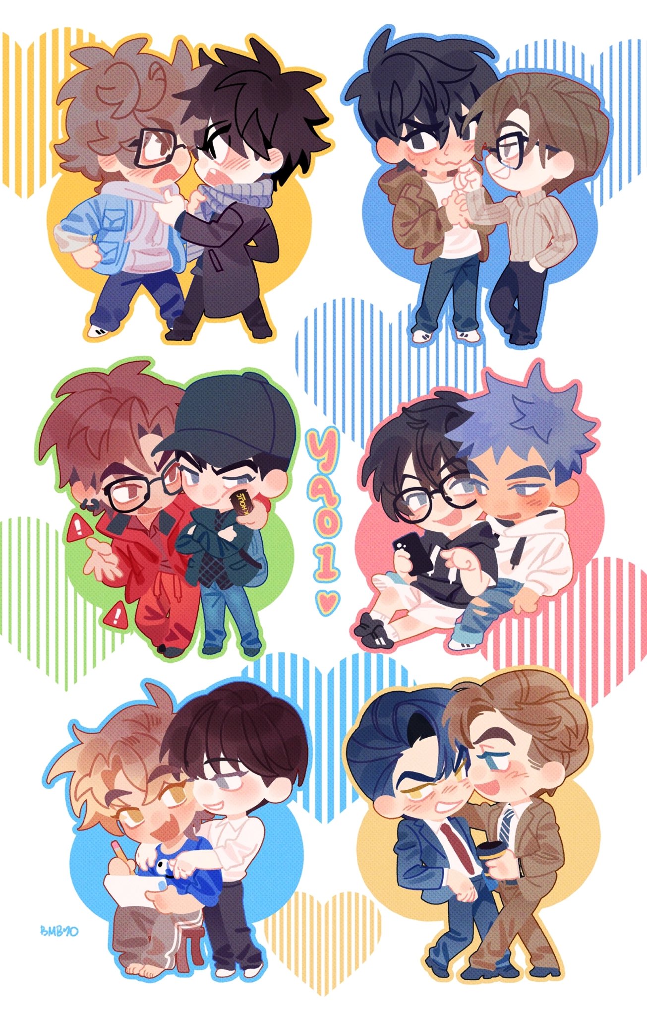 he image showcases several pairs of cute chibistyle boys, reminiscent of anime or manga characters. each pair is engaged in various affectionate interactions, such as hugging, holding hands, or sharing a close moment.  the style is playful and lighthearted, with vibrant colors and simple backgrounds featuring hearts and stripes.  each pair is set within a separate frame, and the overall composition is arranged in a gridlike pattern. the image suggests they may be intended for use as stickers or other merchandise. the word "yaoi" is visible in one section, indicating the genre of boys' love.