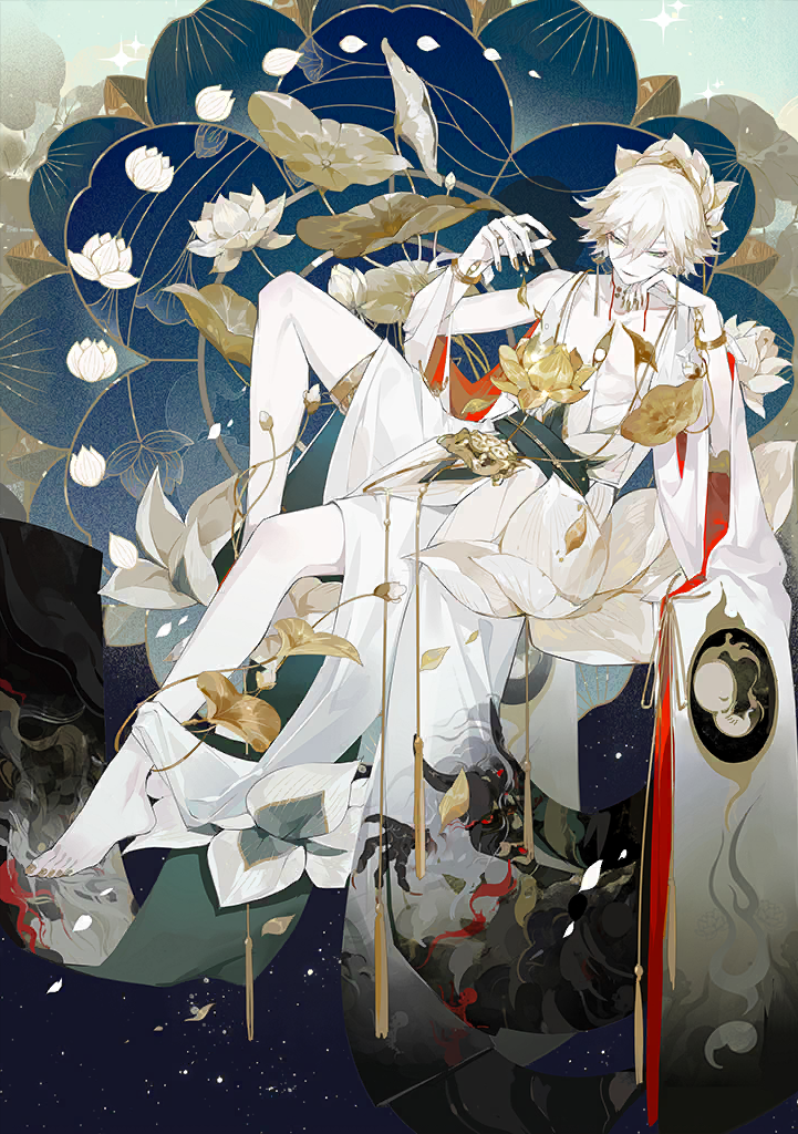 the image depicts a young, androgynous anime character with white hair, wearing a white and gold kimono, sitting on a ornate throne with lotus flowers and leaves surrounding them. the character has a relaxed, elegant expression, and their clothing is adorned with intricate patterns and gold jewelry. the background features a dark blue and black sky filled with stars, hinting at a celestial or mystical setting. there are also hints of a demonic or mythical creature lurking behind the character. overall, the image is visually striking and evokes a sense of mystery, power, and beauty.