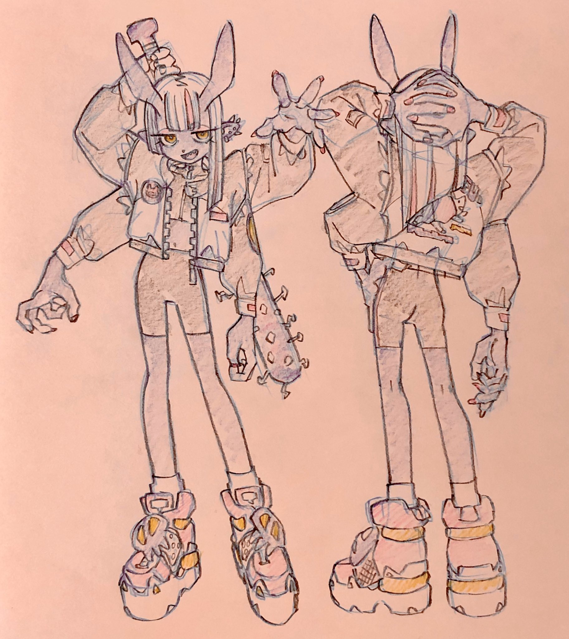 a traditional media, twopose character design sheet on pink toned paper of a bunny girl. she is drawn with exaggerated anatomy and wearing edgy streetwear. she has fangs, horns, elf ears, and claws on her hands and feet. she is holding a spiked bat in her right hand.
