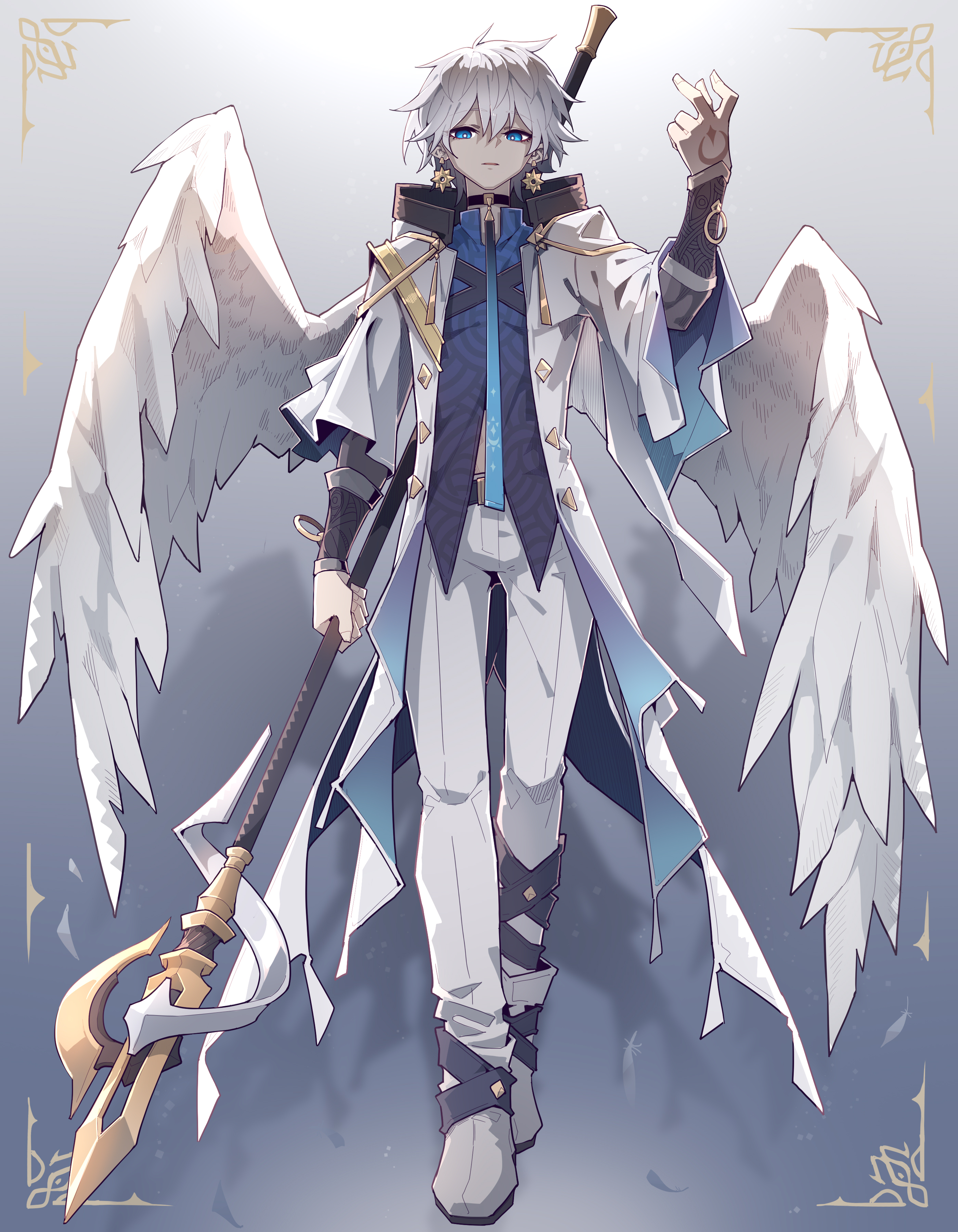 a fullbody illustration of a male angel character in anime style. he has white hair and blue eyes, wears a white coat over a blue and white uniform, and white boots. he also has white wings, gold earrings, and a sword on his back. he holds a goldtipped staff in one hand and his other hand is raised. the background is a muted grey with gold flourishes.
