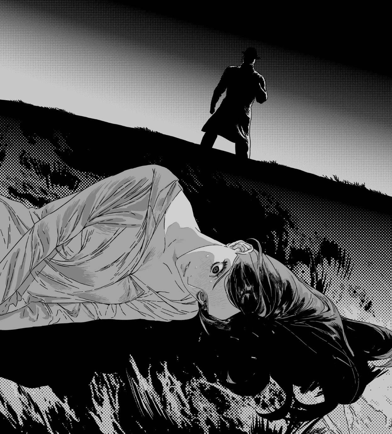 a monochrome manga panel depicts a woman lying on a hill, appearing fearful. in the background, a man stands atop the hill, creating a suspicious and potentially violent scene. the dark setting enhances the sense of unease and tension.