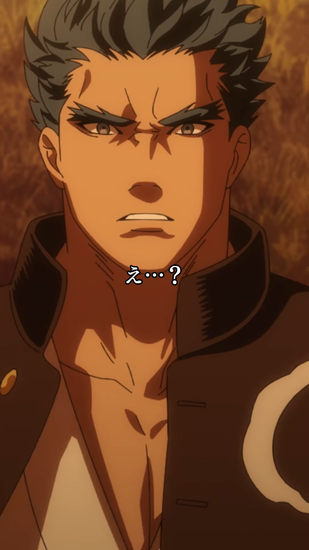 a closeup illustration of an anime man with short, teal hair and a goatee. he wears a black shirt and white undershirt and appears to be confused or questioning, with the japanese character for “what” visible below his face.