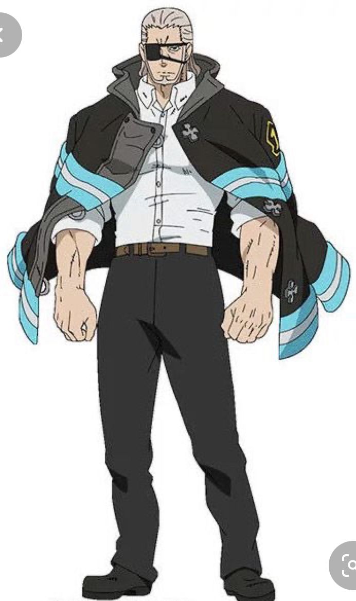 this image is of a male anime character wearing a fire station coat and an eyepatch. he has an athletic build with muscular arms. he is wearing a black coat, white shirt, black pants, and black boots.  the coat has blue stripes and an emblem on the left side. he has an eyepatch over his left eye.  he appears to be a fire fighter.