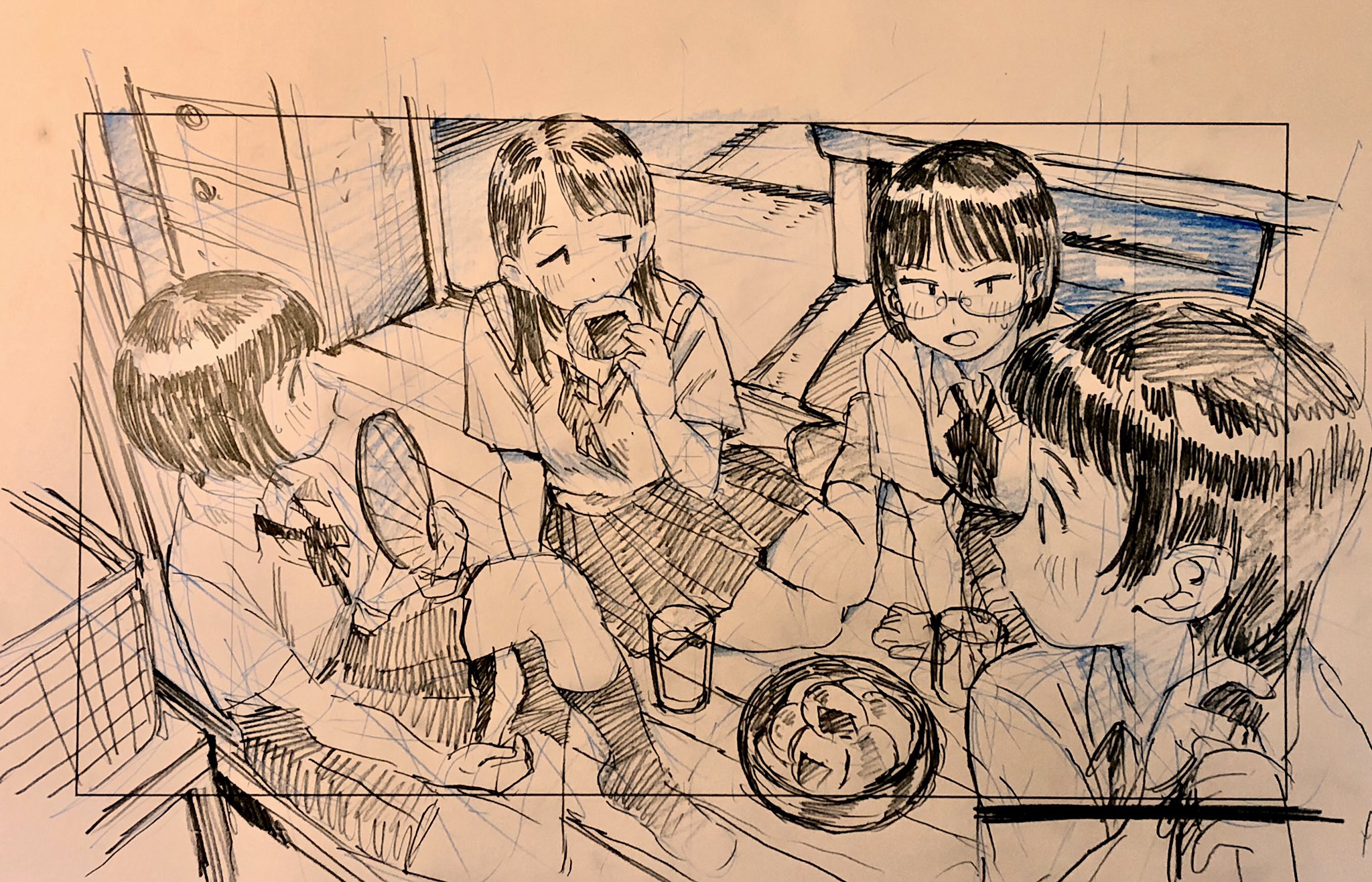this is a charming black and white sketch, likely in the style of manga or anime, depicting four schoolgirls enjoying a casual hangout.  they are seated on a tatami floor in a softly lit room, likely someone's home. two of the girls sip from glasses while the other two enjoy snacks, potentially onigiri, laid out on a plate between them. the scene evokes a sense of relaxed friendship and everyday life.
