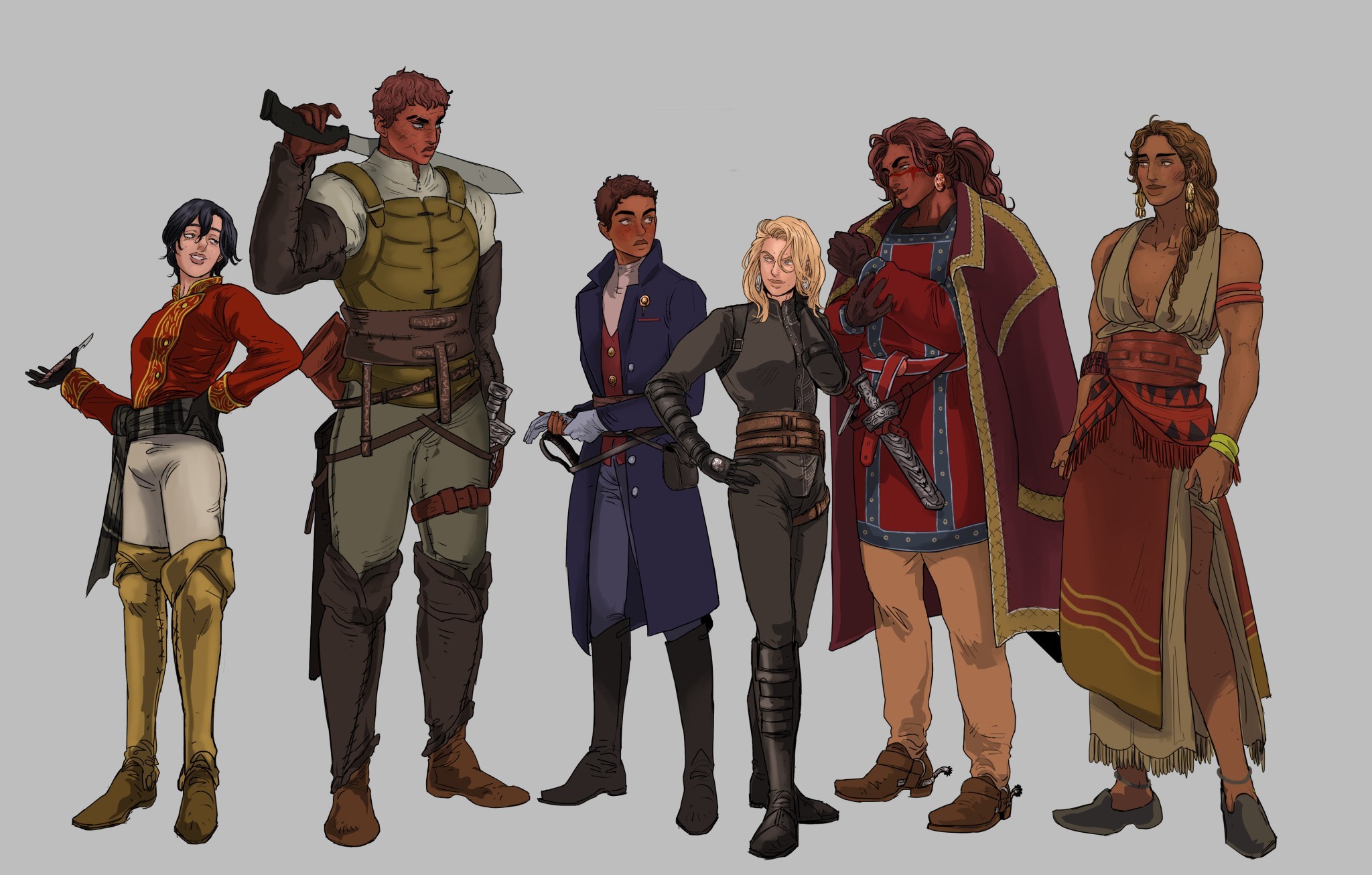the image is a group illustration featuring six diverse characters in various fantasyinspired attire, including swords, armor, and accessories. the characters are standing in different poses and styles, showcasing a range of clothing designs and individual features. the art style is detailed, and the image appears to be a character lineup or concept art for a fantasy story.