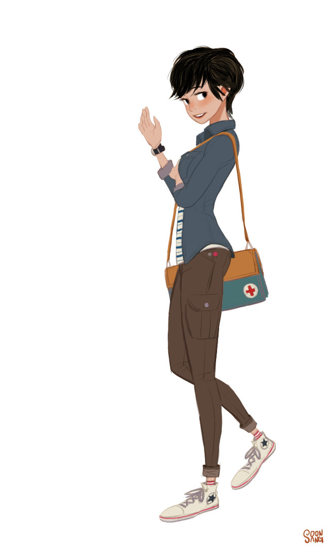 a stylized illustration of a young woman with short, dark hair. she is wearing a blue overshirt, a striped shirt, brown cargo pants, white converse sneakers, and a messenger bag with a red cross symbol on it. she is waving with her right hand and has a friendly expression on her face. the background is plain white, and the lighting is soft. the overall style of the illustration is cartoonish and expressive.