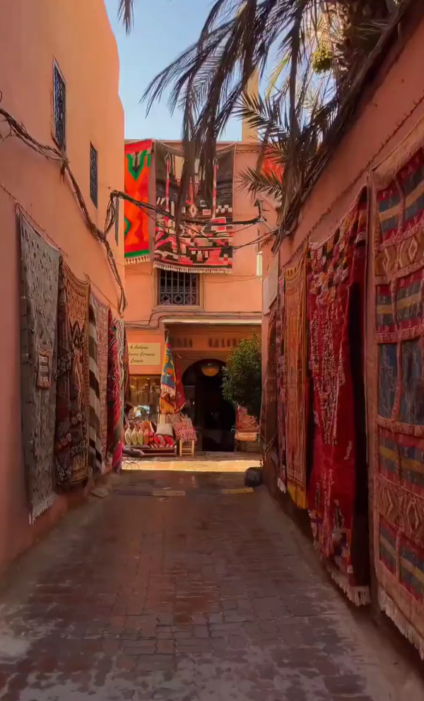 this image captures a vibrant alleyway market in marrakech, morocco. the narrow street is lined with buildings on both sides, their walls a warm, earthy tone. carpets and rugs in various colors and patterns are hung for display, adding to the market's lively atmosphere. in the distance, an archway leads to a shop, where goods are displayed and people are visible. above, palm trees provide a touch of greenery and cast shadows on the scene. the overall impression is one of bustling trade, cultural richness, and the unique charm of the moroccan medina.