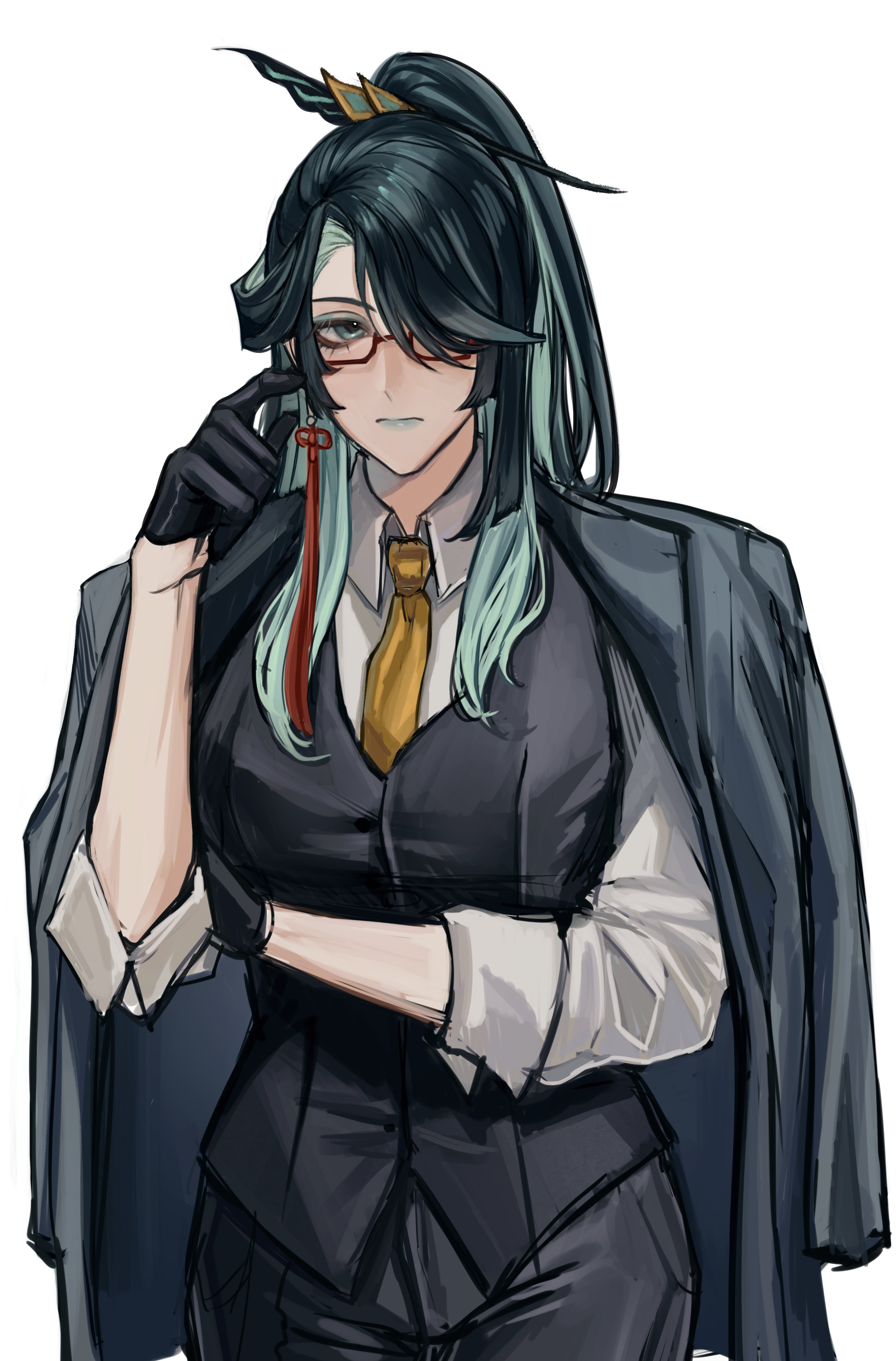 this is a digital illustration of an anime girl with long green hair wearing a suit. she is wearing a white shirt, a dark vest, a dark blazer, and a yellow tie. she has a serious expression on her face and is holding her tie with her hand. she is also wearing glasses.