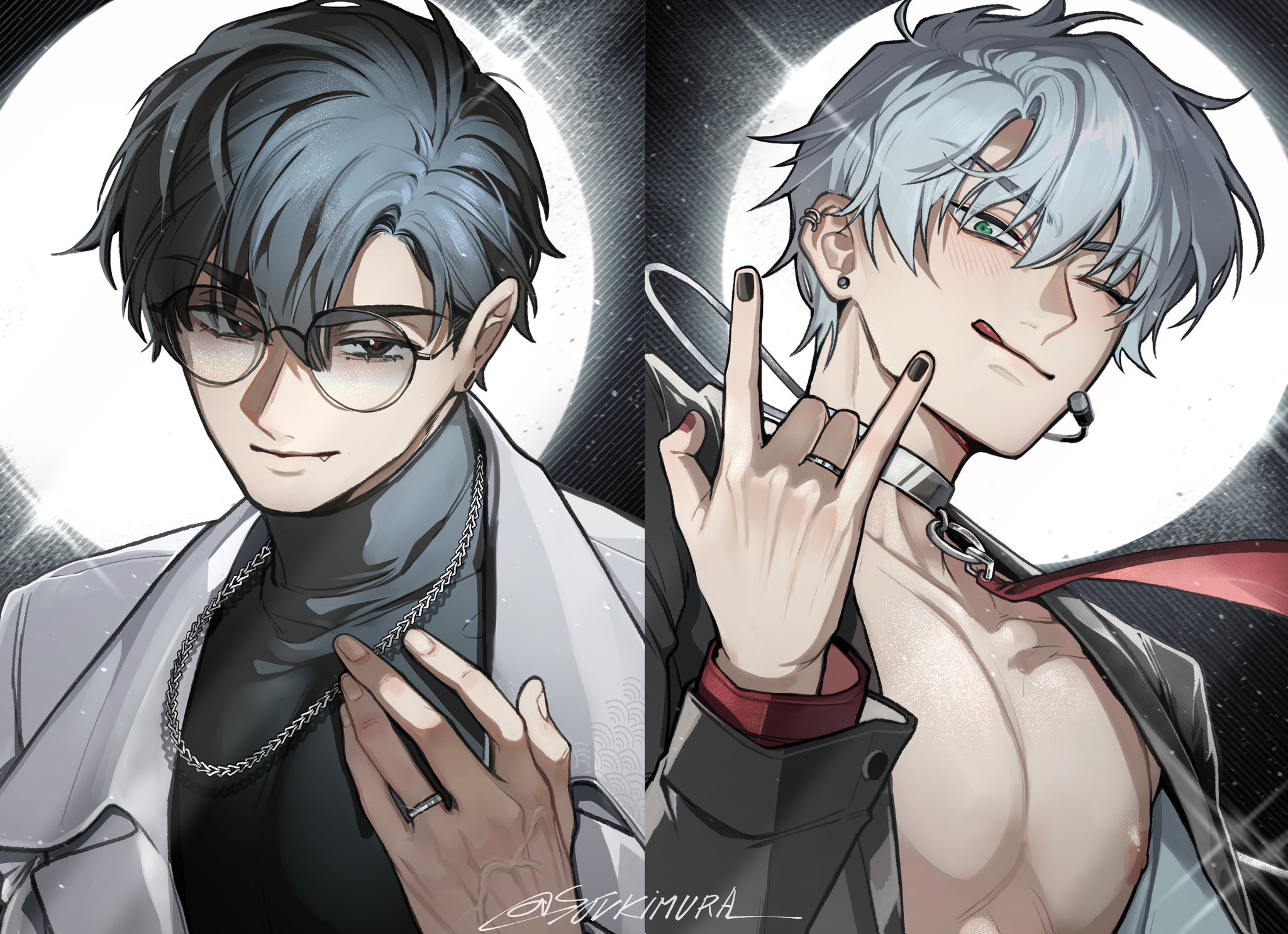 the image features two anime boys side by side.  on the left is a boy with dark blue hair and glasses wearing a white jacket over a black turtleneck and chain. on the right is a boy with white hair wearing a black jacket over a red shirt with the top buttons undone, revealing his chest. he is giving a rock and roll hand gesture. both boys have cool and confident expressions. the style of the image is animeinspired, with vibrant colors and bold lines. the background is black and white, with a white circle in the background of each boy. the overall feel of the image is stylish and cool.