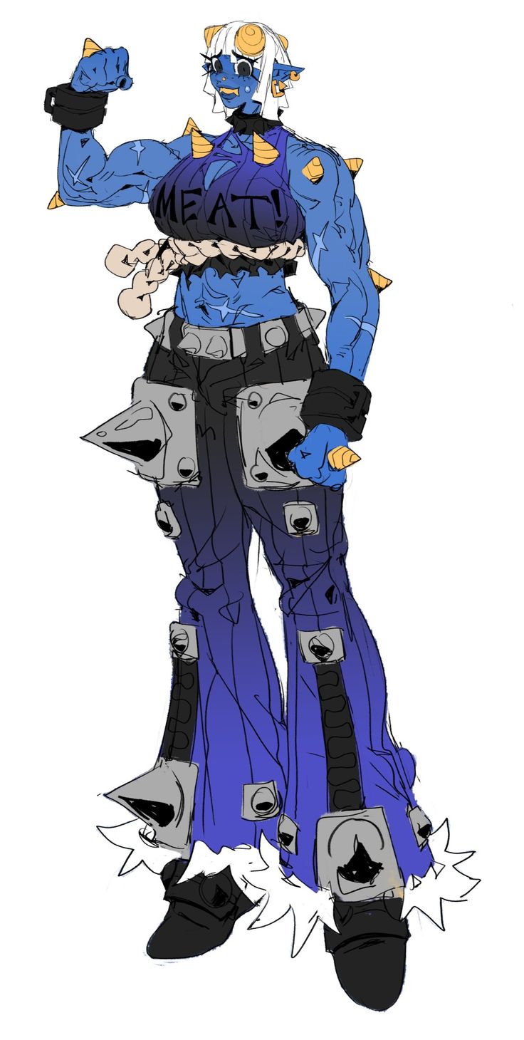 this illustration depicts a fierce female anime character with horns and blue skin. she's wearing blue, purple, and black clothing, which includes pants with belts, and has large muscles, giving her a powerful appearance. she's standing confidently with her arms raised, showcasing her strength and muscles.  her expression is stern and determined, making her seem ready for a challenge.