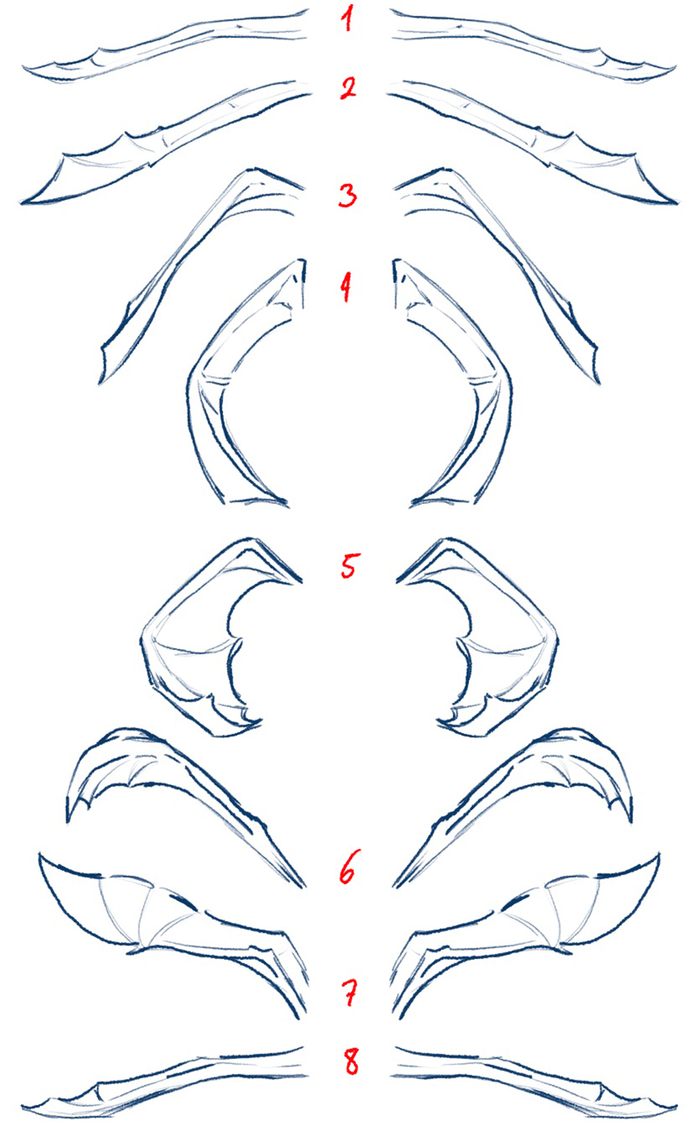 the image presents a stepbystep tutorial or reference sheet showcasing various styles and designs of dragon or fantasy creature wings.  each numbered section (18) displays a different wing design, ranging from simple, slender shapes to more complex, elaborate forms. the style is a clean, sketched line drawing, providing a foundational guide for artists working on fantasy characters or creature design. the wings vary in size, shape, and the level of detail, showing options from long, slender wings to shorter, more rounded and batlike wings. the consistent blue lines make the designs easy to follow and adapt.