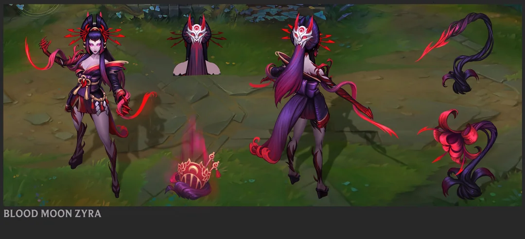 this image is concept art for the "blood moon zyra" skin in the video game league of legends.  it showcases multiple angles of the character model, including a front view, a back view, and closeups of individual elements of her design such as her mask and plant abilities.  the art style is a mix of dark fantasy and japanese influences, with vivid red and purple tones dominating. the image also includes detailed depictions of her hair and plant abilities, highlighting the intricate design work.  the overall aesthetic is elegant yet menacing, fitting the “blood moon” theme.