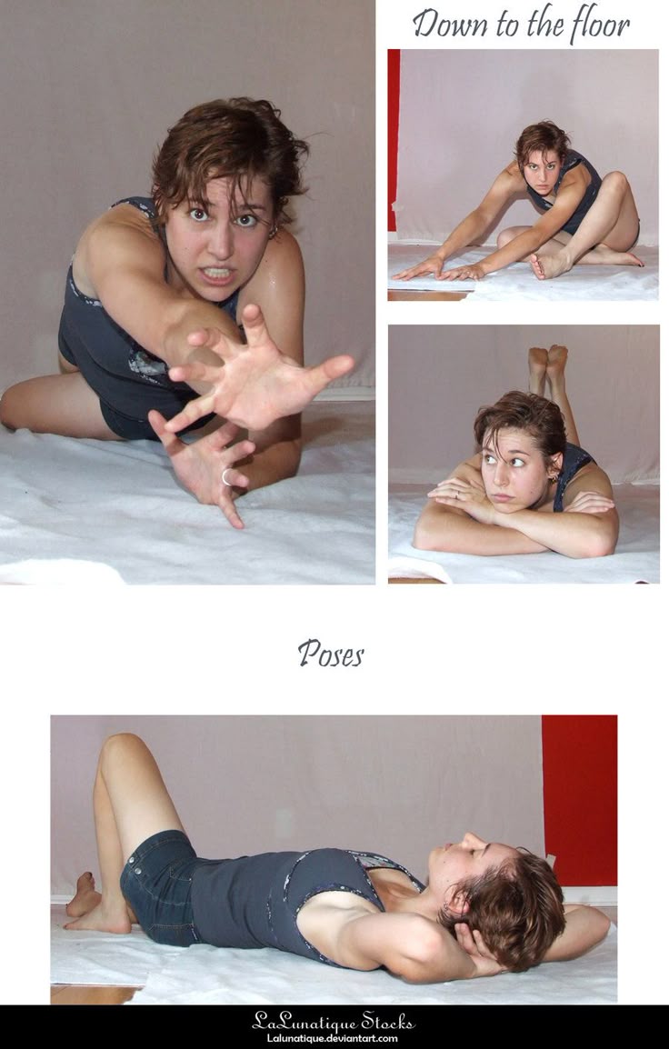 the image shows a compilation of photos of a woman in various poses on the floor. the first photo shows the woman reaching out with a frightened expression. the second photo shows her stretching her arms. the third photo has her lying on her stomach with her arms crossed and a curious expression. the final photo shows her lying on her back.