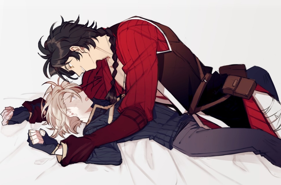 the image features two anime boys in