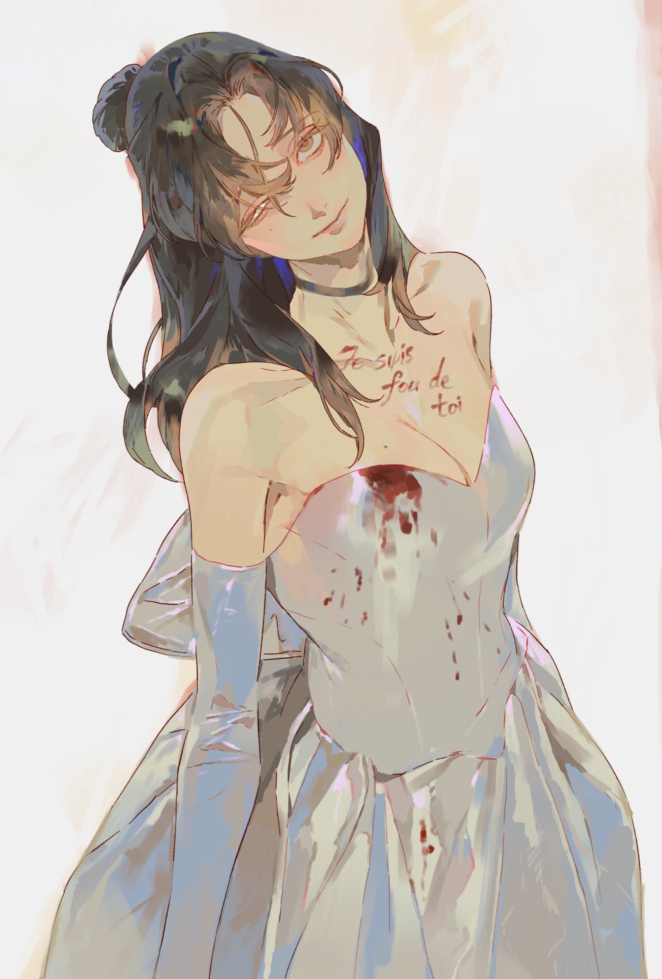 a digital art portrait shows an anime girl in a white dress that is stained with blood. she is wearing a choker and has long black hair partially tied up in a bun. text, “je suis fou de toi,” is written on the dress. she is smiling.