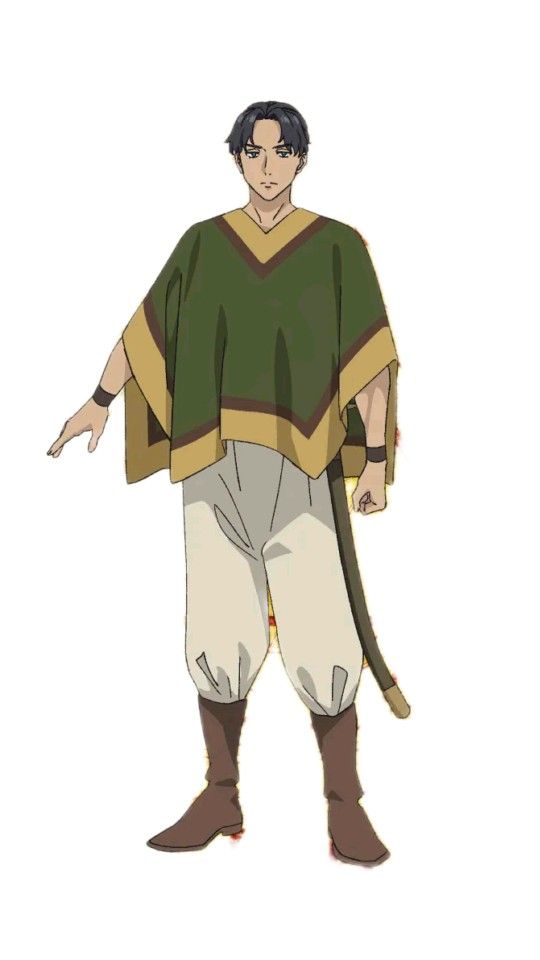 an anime male character with black hair and green eyes stands in a white background. he is wearing a green poncho, brown pants and brown boots. he also has a sword at his side.