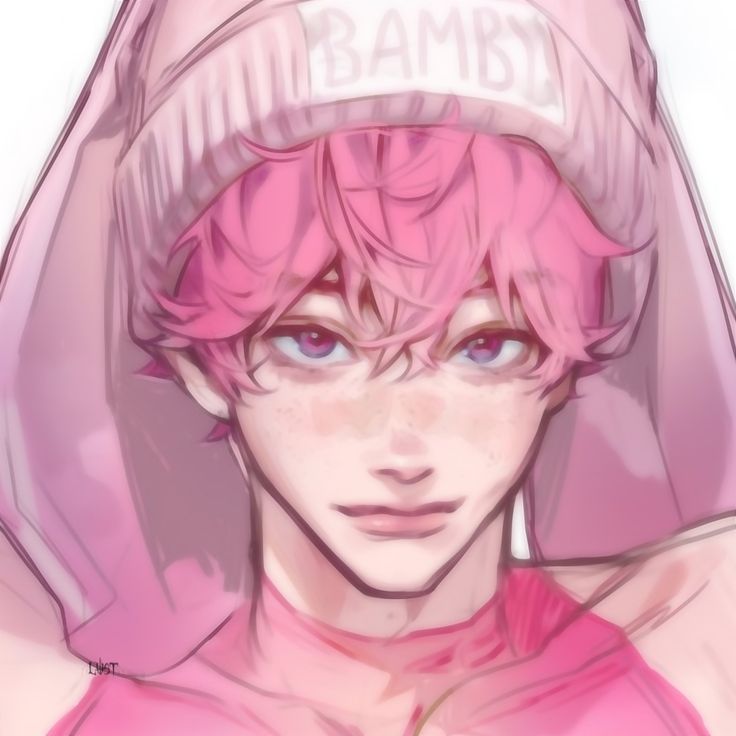this is a digital drawing of a young, fairskinned, androgynous person with short, pink hair and purple eyes. they're wearing a pink hoodie and have freckles across their cheeks and nose. the drawing is in an anime style and shows the subject from the shoulders up. the background is white and the colors are predominantly light pink.