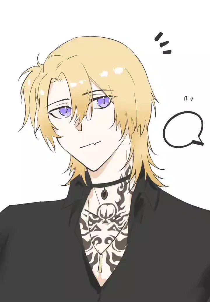 an anime character with blonde hair and purple eyes wearing a black shirt with a tattoo on his chest. the character is thinking to himself, as indicated by a speech bubble above his head.