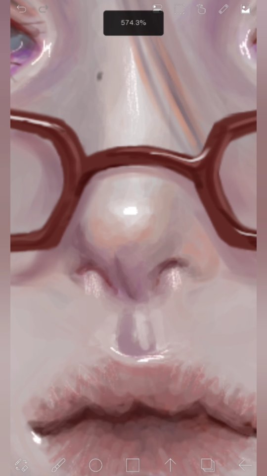 the image is a closeup digital painting of a woman's face, focusing on the nose, lips, and eyes. the skin is depicted with a smooth, glossy texture and pale coloring. she's wearing reddishbrown glasses.  the style is realistic, with careful attention to detail in the rendering of the skin and features.  the image is highly zoomed in, as indicated by the "574%" magnification shown in the upper part of the image. the background is softly blurred, drawing attention to the central facial features.