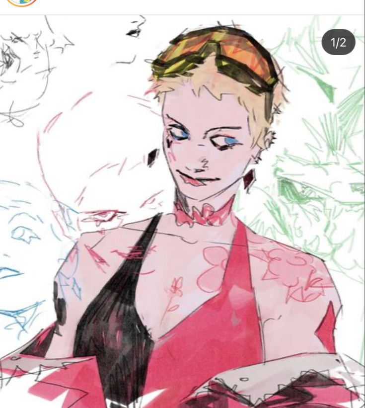 a digital illustration of a woman wearing a red dress with black trim and a necklace. she has blonde hair and is smiling, with a light makeup look. the art style is rough and sketchy.