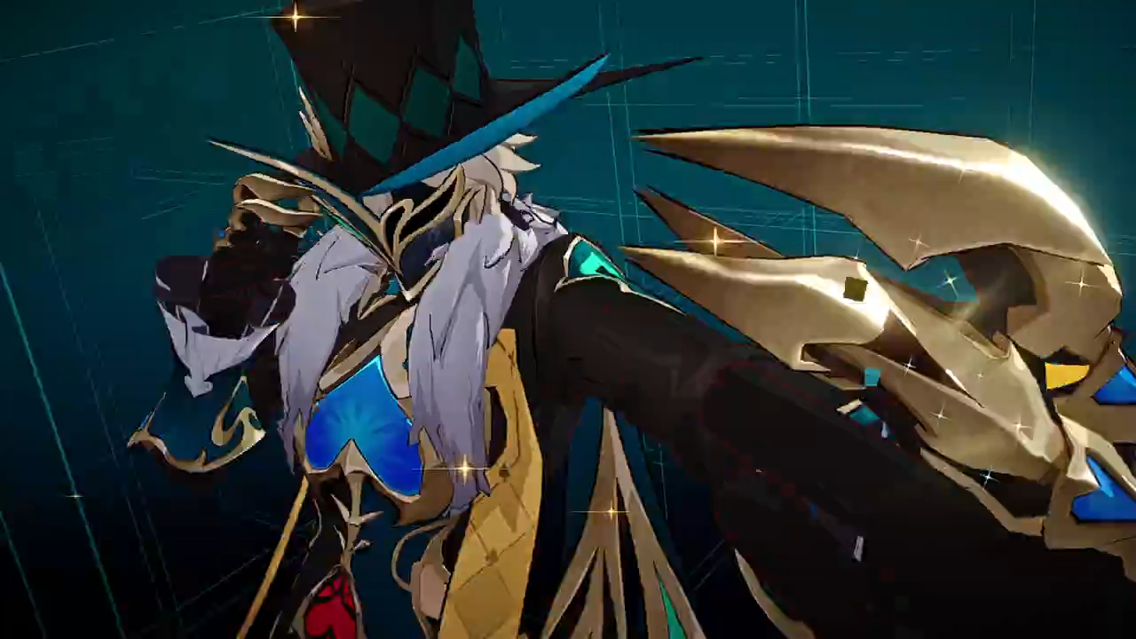an anime character with long white hair, a green top hat, and gold and black armor, stands on a teal background with a gold weapon behind them.