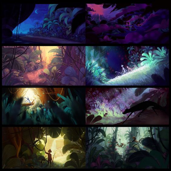 the image showcases eight vibrant digital paintings depicting scenes from what appears to be a jungle adventure. lush foliage, towering trees, and winding paths create a sense of depth and exploration. the color palettes range from cool blues and purples at night to warm oranges and greens during sunset.  characters, including a man and various animals, are seen interacting with the environment, hinting at a story unfolding within the jungle. the overall feel is one of wonder, magic, and adventure.