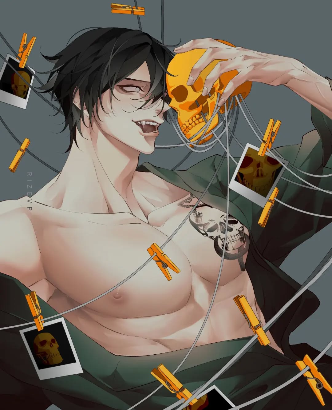 the image is a digital drawing or painting of a handsome animestyle man with dark hair and a muscular physique. he is partially shirtless, revealing a chest tattoo of a skull, and is holding a gold skull in his hand.  he has a smirk and visible fangs, hinting at a possibly vampiric or other supernatural quality. the man is surrounded by strings and clothespins holding small polaroidstyle photos of skulls. the overall style is dark, stylish, and mysterious. the art is highly detailed and renders the man's features and physique with great precision.  the background is a muted gray, allowing the figure and colorful elements to stand out.