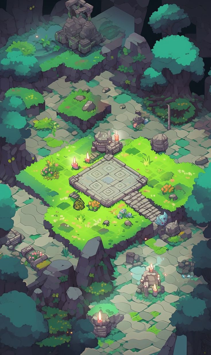 he image shows an isometric view of an ancient stone path leading through a verdant clearing in a forest. the path is flanked by overgrown ruins, including a central platform with lit candles. soft, diffuse lighting suggests a nighttime setting, creating a serene and slightly mysterious atmosphere. the overall palette is dominated by muted greens and browns, further enhancing the natural and ancient feel of the scene.