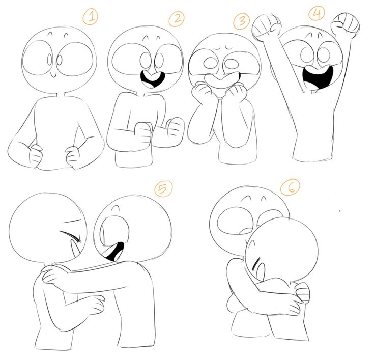 this image contains six different drawings of cartoon characters in various poses. the first three drawings show individual characters. the first character is standing with its hands on its hips. the second character is looking up with a smile, and the third character is smiling with its hands covering its face. the fourth drawing shows two characters hugging. the fifth drawing shows two characters hugging with the character in front smiling. the sixth drawing shows a character hugging another character from behind, and the character in front is smiling. all of the drawings are done in black and white.