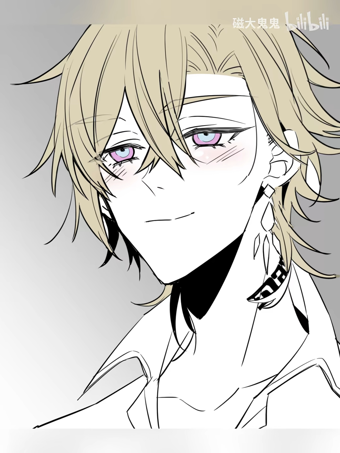 the image is a closeup drawing of an animestyle male character. he has long, light blonde hair, purple eyes with a subtle blush on his cheeks, and wears an earring and a small necklace with a design.  he appears to be wearing a collared shirt or jacket. the art style is clean and elegant, primarily using black lines on a light gray background. there's a "bilibili" watermark present in the upper right corner.  the overall impression is one of a handsome and somewhat delicate character.