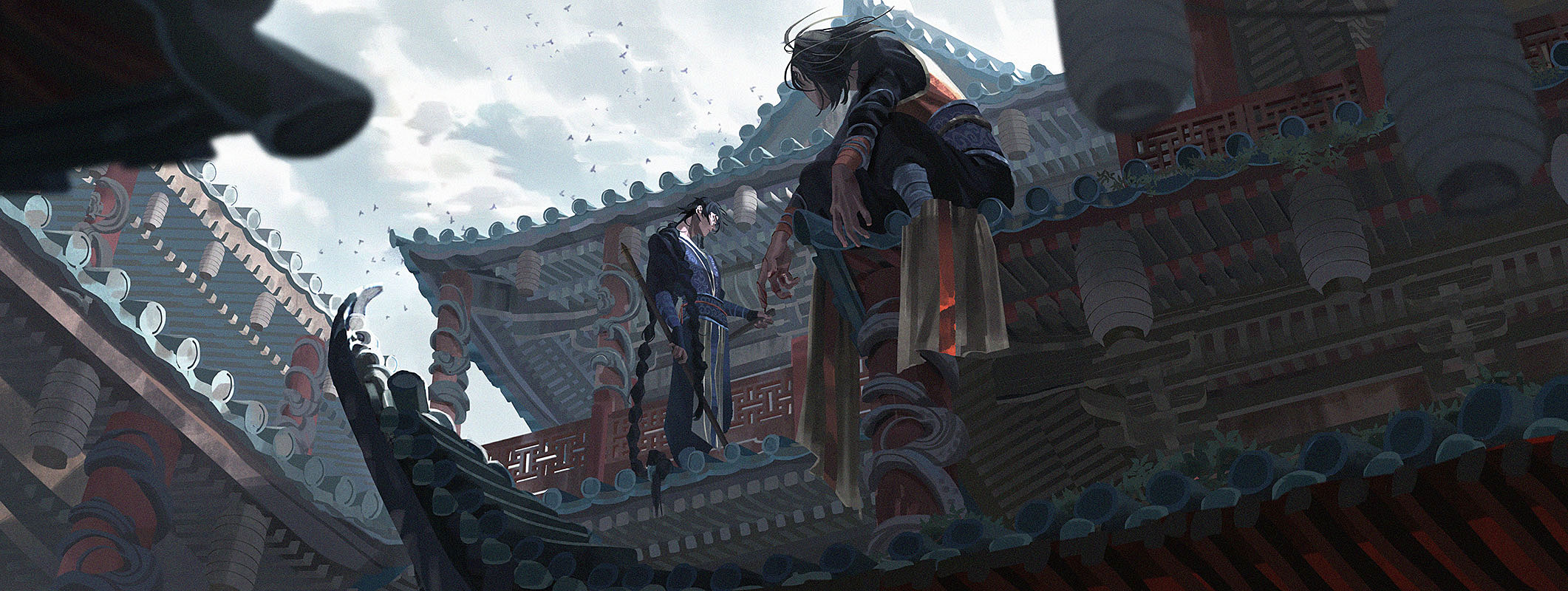 two animestyle characters stand on the rooftop of a traditional chinesestyle building. the woman on the left is in a black and blue outfit and has long black hair. the man on the right is wearing a red and black outfit with a long black hair. they look like they are having a serious conversation, with the woman holding a staff and the man holding his hand out. they are both surrounded by a grey and white sky with a few clouds in the background.
