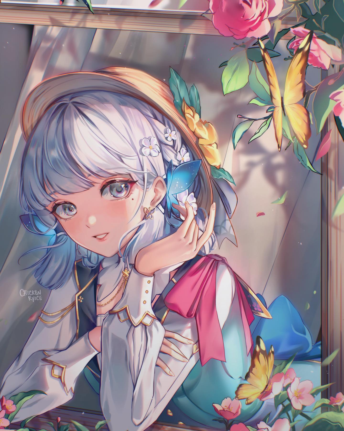 the image is a digital painting or illustration depicting a young animestyle girl with long, wavy white and light blue hair.  she's wearing a lightcolored, elegant dress adorned with a large pink ribbon and gold accents, and a straw sun hat decorated with flowers.  she has delicate features and is shown looking calmly towards the viewer, with one hand gently resting on her chin.  she's surrounded by vibrant flowers including roses, and several butterflies, some of which are perched near her hair. the setting appears to be a sunlit room, possibly viewed through a window frame visible in the background. the overall style is whimsical, pasteltoned, and evokes a sense of gentle fantasy. the artist's signature is subtly present in the lower left corner.