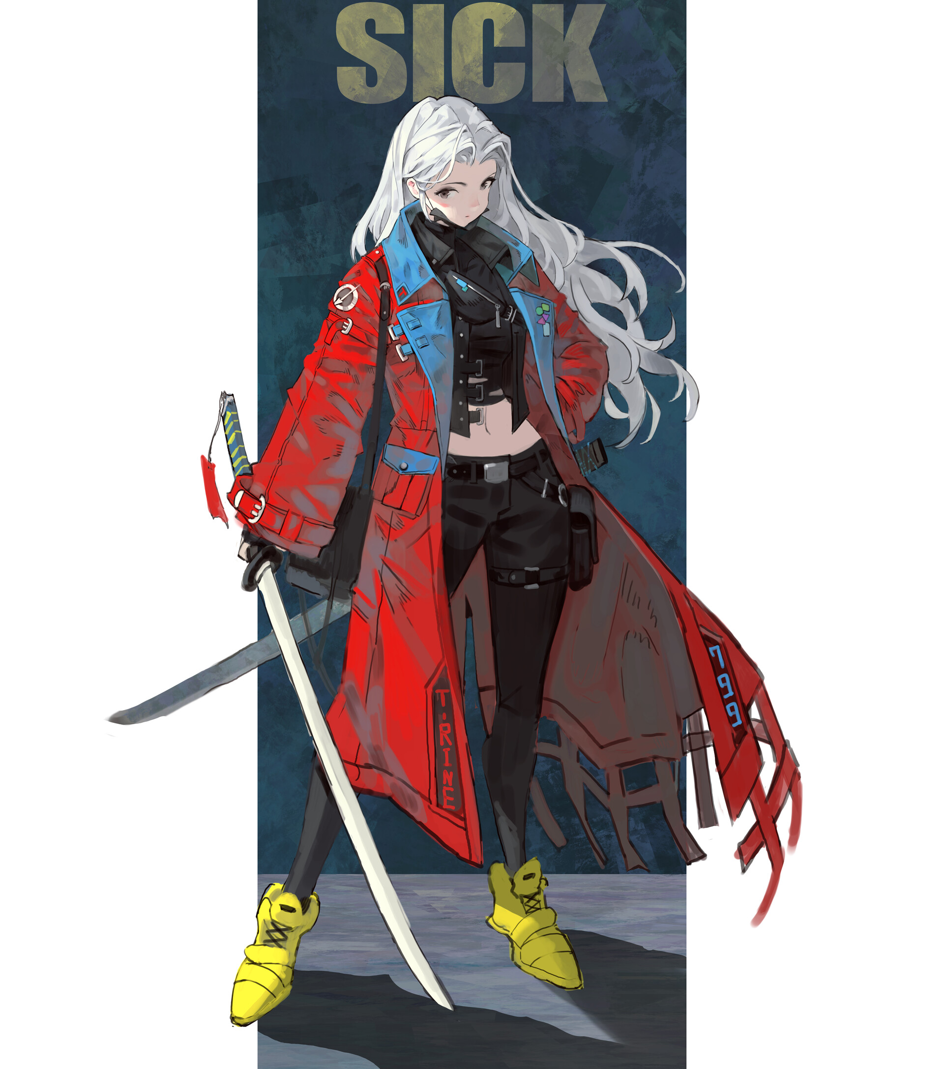 an anime girl with white hair is standing in a full body shot. she is wearing a red coat with blue accents, a black top and pants, and yellow shoes. she has a sword strapped to her side in a holster and is holding another sword. behind her is a dark blue background with the word "sick" written in gold.