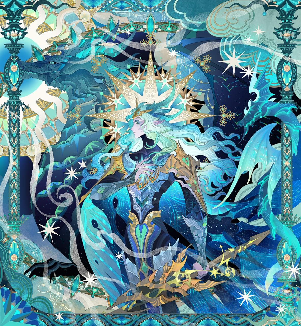 an elaborate fantasy illustration featuring a central character with flowing teal hair and a radiant crown of stars, standing amidst a swirling backdrop of blue and teal water, stars, and waves. the character is adorned with ornate gold armor and holds a golden spear. a dragon's head and wings are integrated into the background, adding to the mythical and magical atmosphere. the overall design is ornate and detailed, with a celestial and ethereal quality enhanced by glowing light effects. the image is framed by an ornate border, creating a visually captivating and cohesive composition.