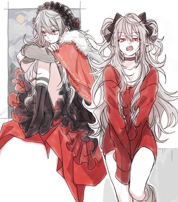 an illustration of two anime girls side by side. one is wearing a red and black dress with a white fluffy collar and the other is wearing a red sweater and white leggings with long black hair ribbons. both have long white hair with red eyes and expressions that make them appear to be slightly menacing or mischievous. they both have a beautiful, slightly sadistic look to them.