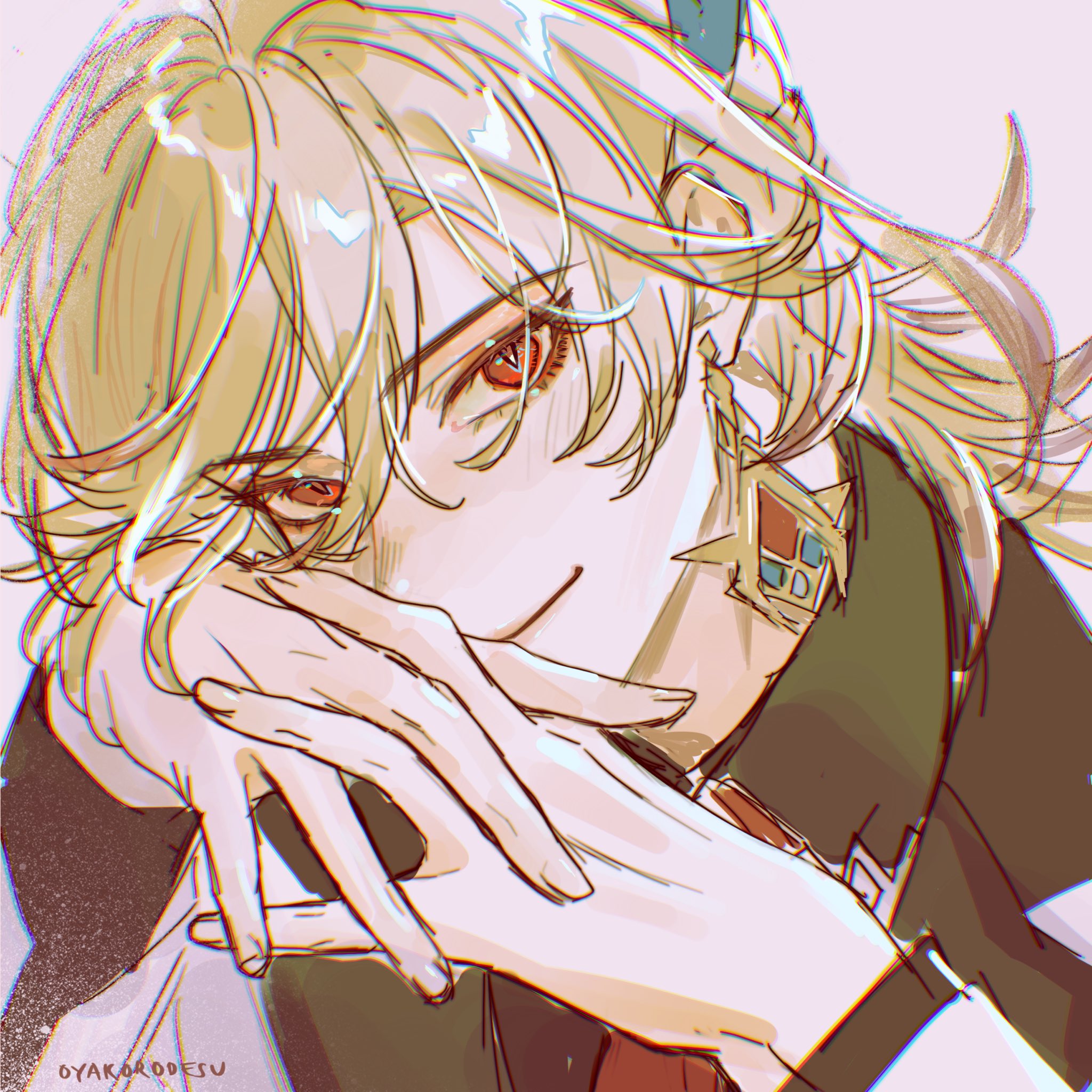 a digital drawing of an animestyle character, a young man with blonde hair and red eyes, smiling with his hand covering his mouth. he's wearing a suit with a collar, and an earring.