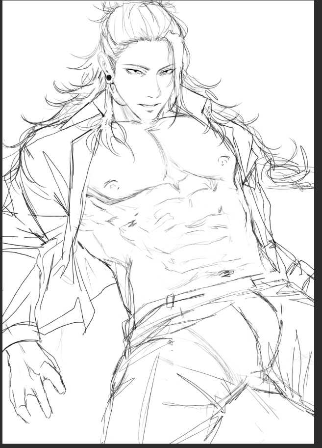 a sketch of a shirtless man with long hair, wearing a jacket, pants, and a belt. he is leaning back with his left arm resting on the floor.