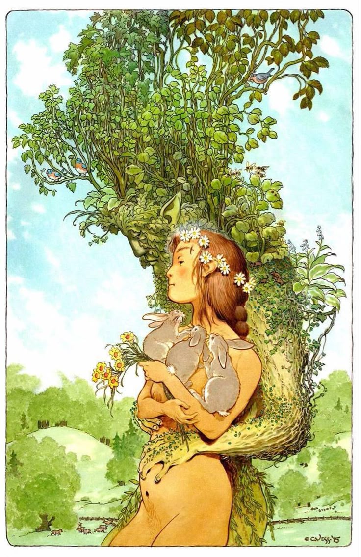the image is an illustration depicting a woman or maiden embracing nature. she is surrounded by a tree that forms the shape of the green man, a folklore figure associated with nature and rebirth. she holds several rabbits and yellow flowers, symbolizing fertility and spring. the background features a pastoral landscape with rolling hills and trees. the overall style is reminiscent of watercolor illustrations, suggesting a fantasy or mythological theme connected to mother nature and the cycles of life.