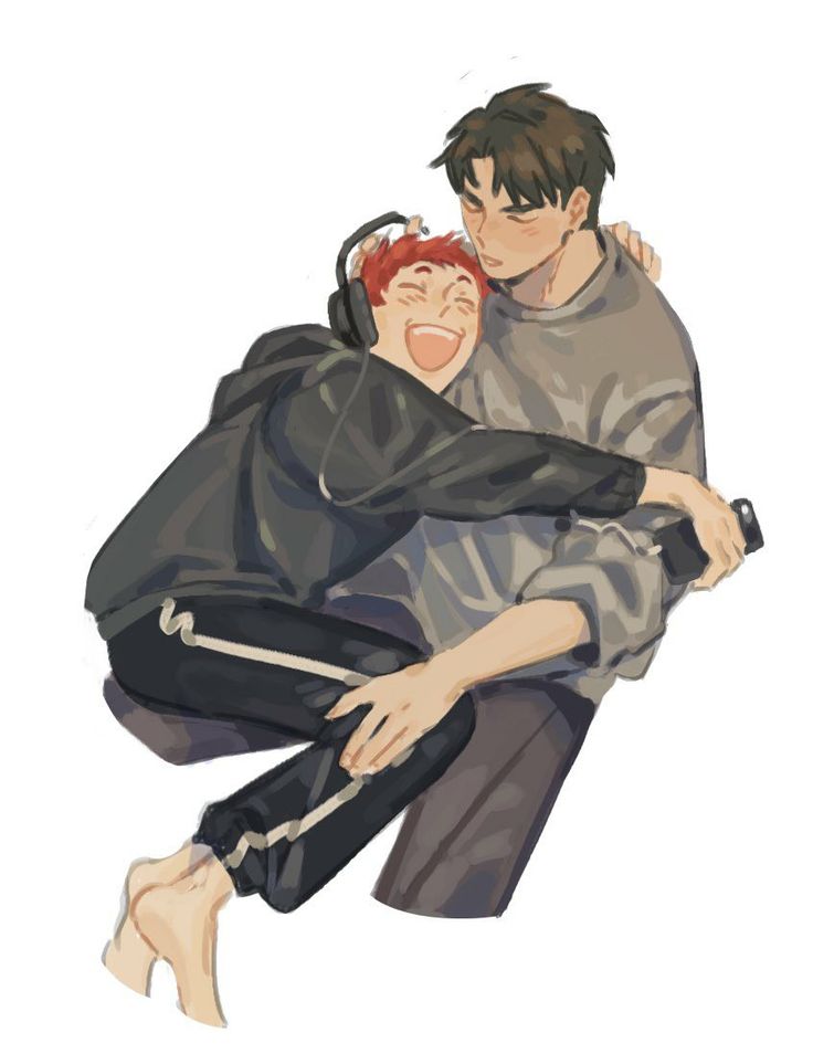 the image depicts a cartoon drawing of two anime boys in casual clothing sitting together. they are both smiling, and the boy on the left is hugging the boy on the right tightly. the boy on the left has red hair and is wearing a black jacket, black pants with white stripes and headphones. the boy on the right has brown hair and is wearing a grey sweater. he is holding a phone in his hand.