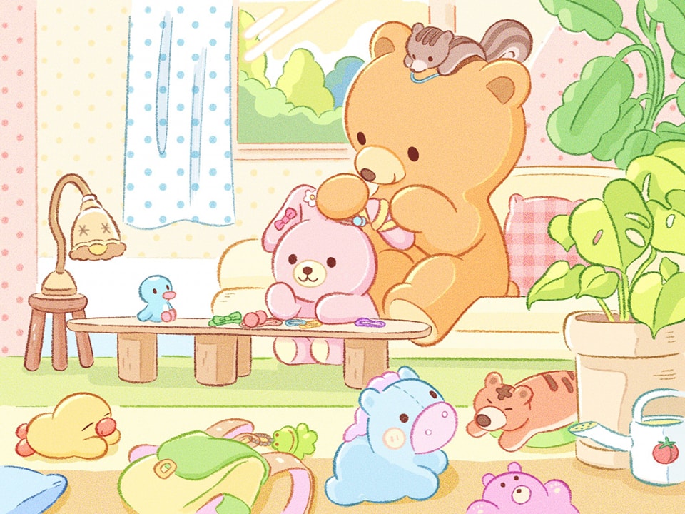 the image is a colorful and cute illustration of a scene in a child's room. a large teddy bear is seated on a sofa, gently holding a smaller pink bunny toy. the teddy bear appears to be putting hair clips or ribbons in the bunny's hair.  other cute plush toys such as a small blue horse, a tiger, and a small bird are scattered around the room on the floor and a coffee table. there's a small squirrel on the teddy bear's head. a plant in a pot is in the corner, and a small lamp and watering can are also visible. the overall style is very soft, pastel, and charming with rounded shapes and details typical of kawaii aesthetic. the scene depicts a peaceful and playful atmosphere.