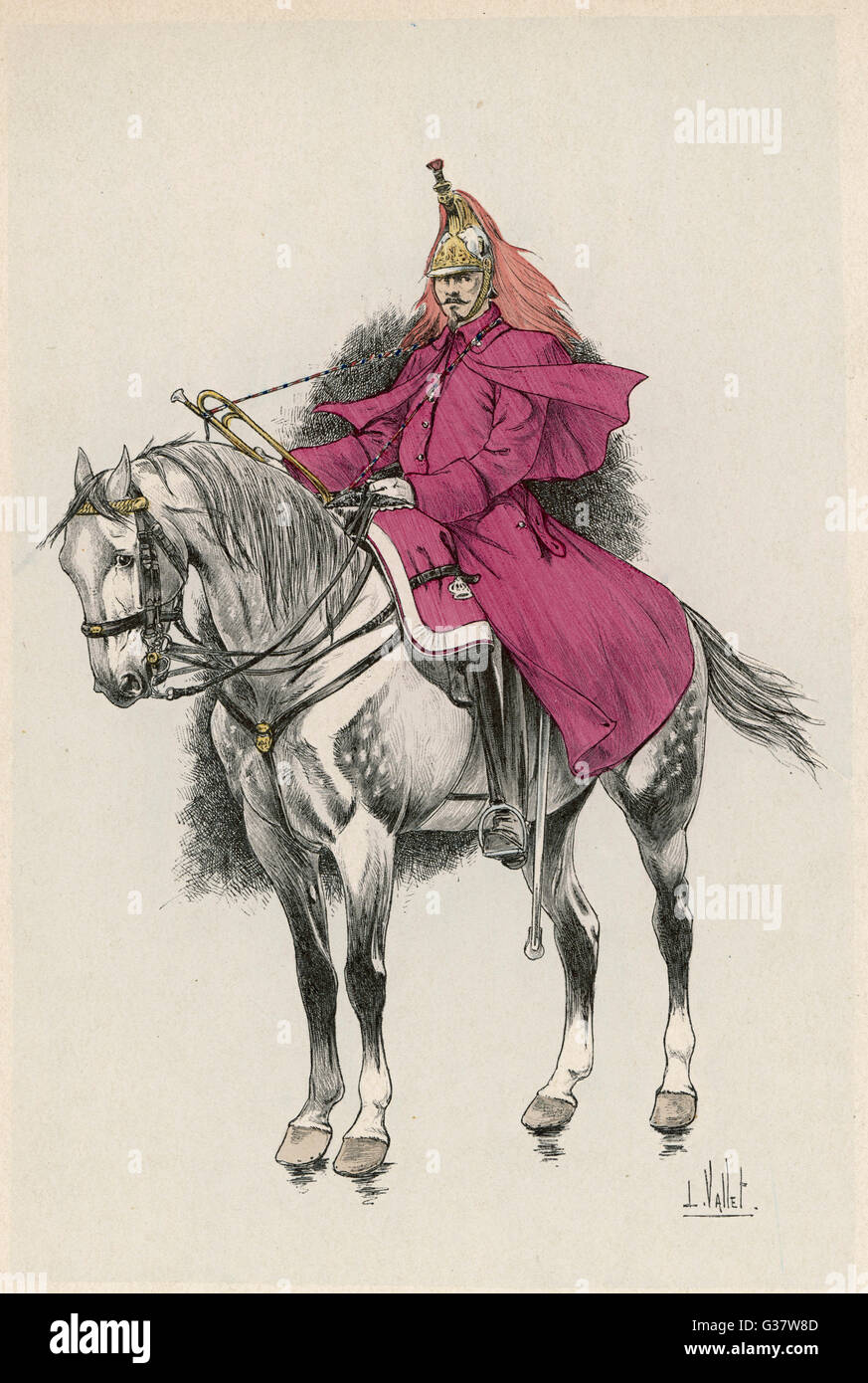 a handdrawn illustration of a man in military uniform riding a horse. the man is wearing a red coat with a black plume on his helmet and is riding a grey horse. the illustration is in black and white with some red and grey highlights and looks vintage or antique.