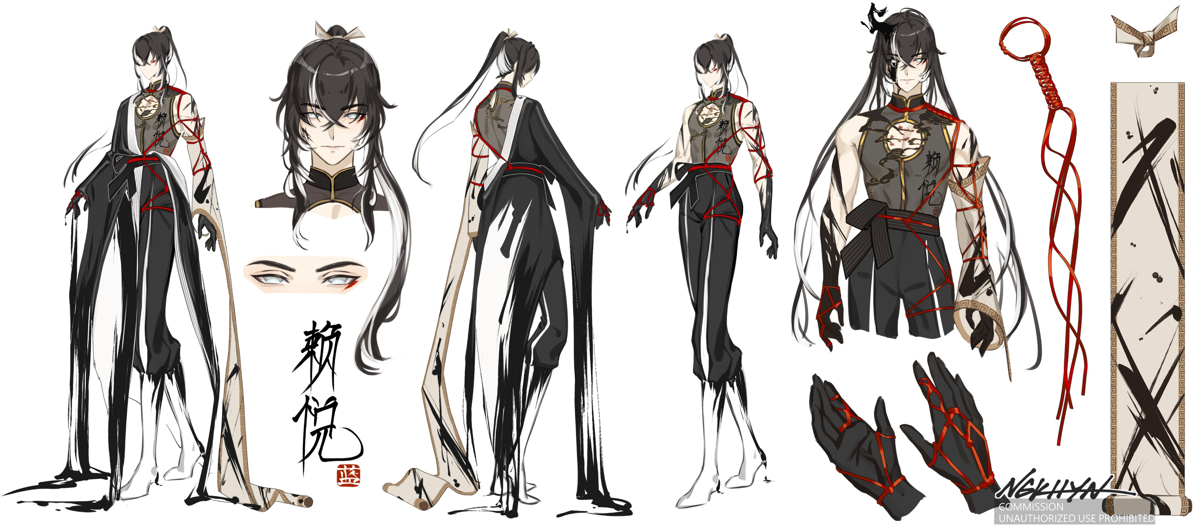 the image is a character design sheet of a male character with long black hair, pale skin, and red eyes. he is wearing a black outfit with splashes of red accents. he has a red string tied around his arm. there is a sword included as an accessory.  the character sheet provides front, side, and back views of the character, as well as closeups of his face and accessories. the overall style of the artwork is sleek and modern with a touch of traditional chinese elements.
